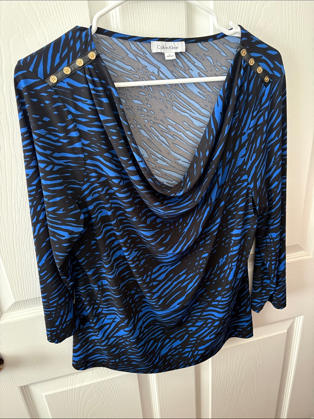 Calvin Klein Black & Blue Cowl Neck Long Sleeve Top with Gold Buttons